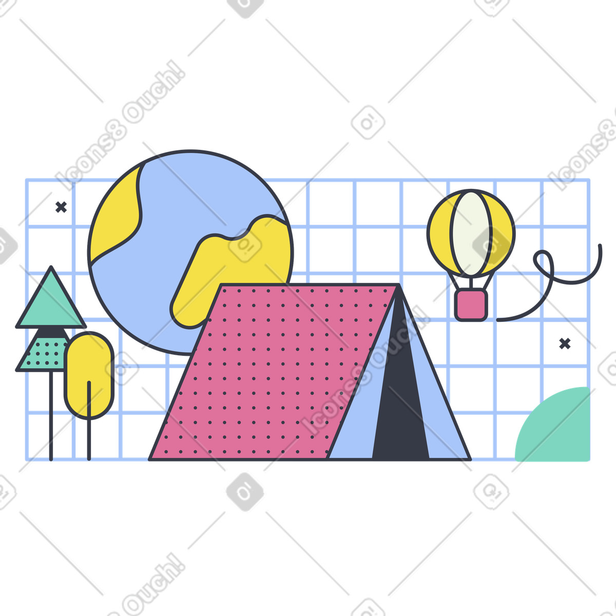 Camping tent with Earth and hot air balloon, Outdoor adventure and nature getaway illustration in Abstract style download in PNG, SVG