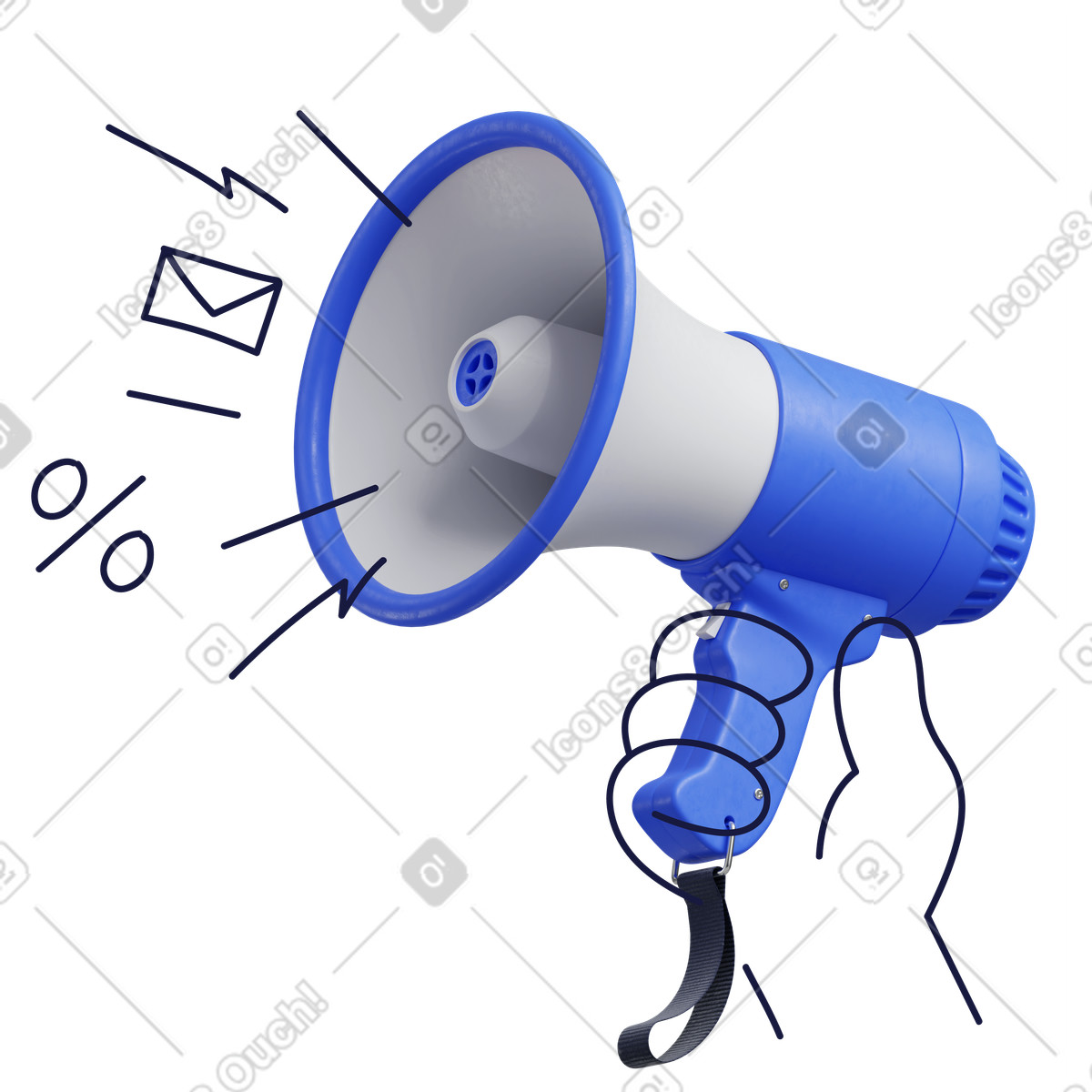 Иллюстрация Megaphone held by hand announcing email marketing discount promotion symbols в стиле 3D Surfaced — скачать в форматах PNG, SVG