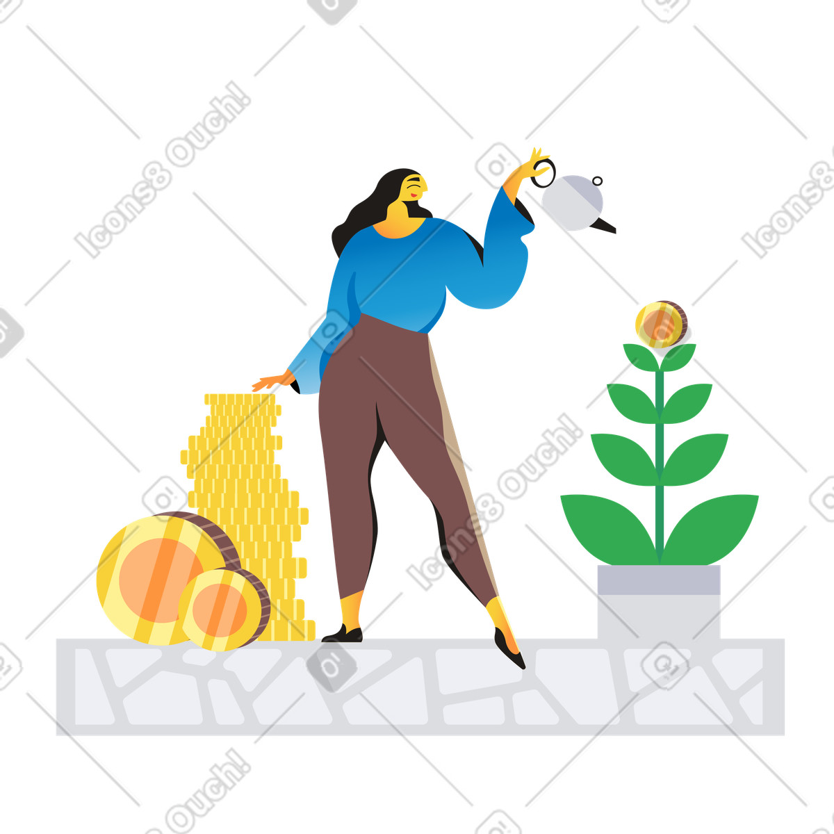 Ilustración Mujer ahorrando dinero y regando un árbol del en estilo Jaconda a descargar en PNG SVG