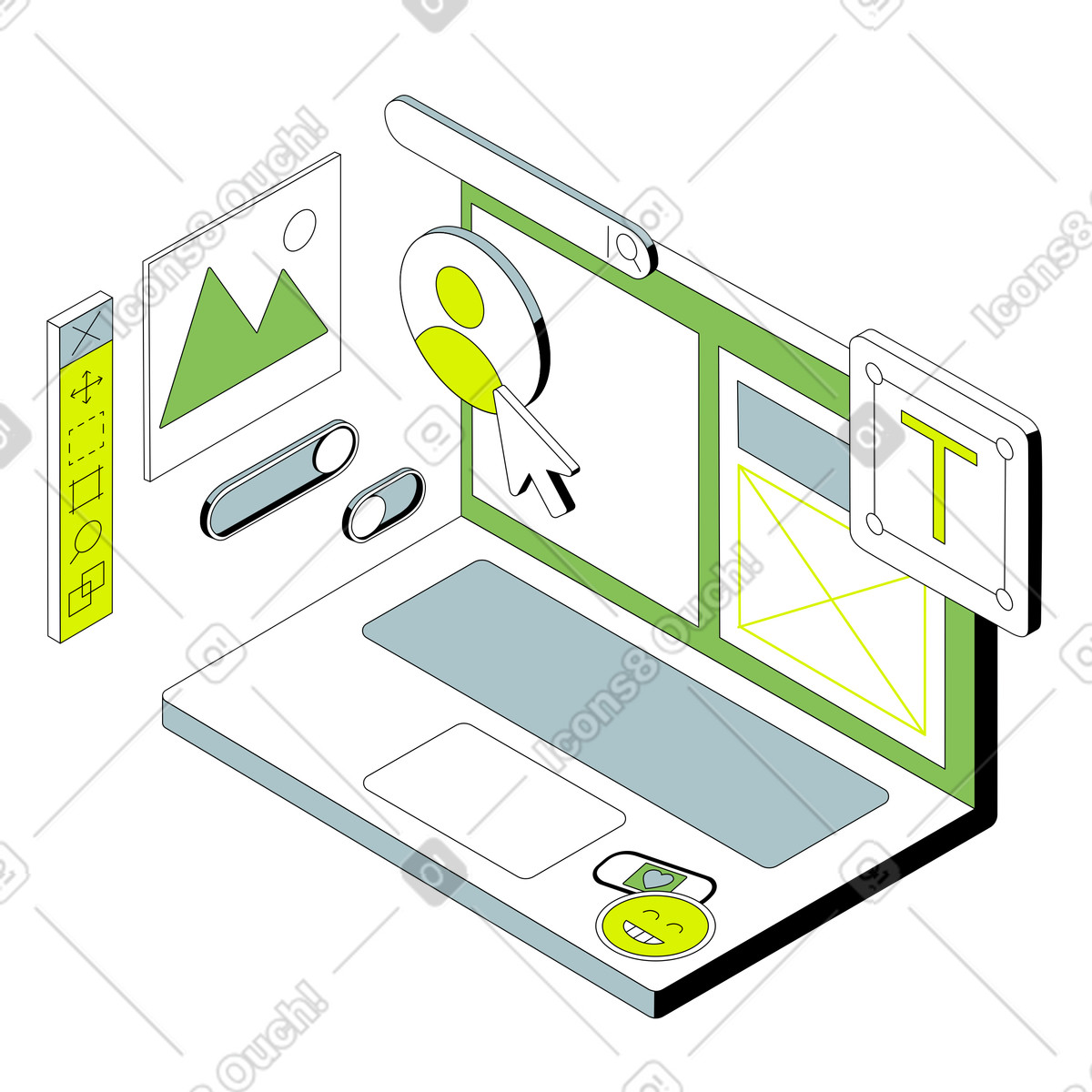 Isometric スタイルの Web デザイン アプリケーションを搭載したラップトップ のアニメーションイラストをGIF、Lottie (JSON)、AEでダウンロード