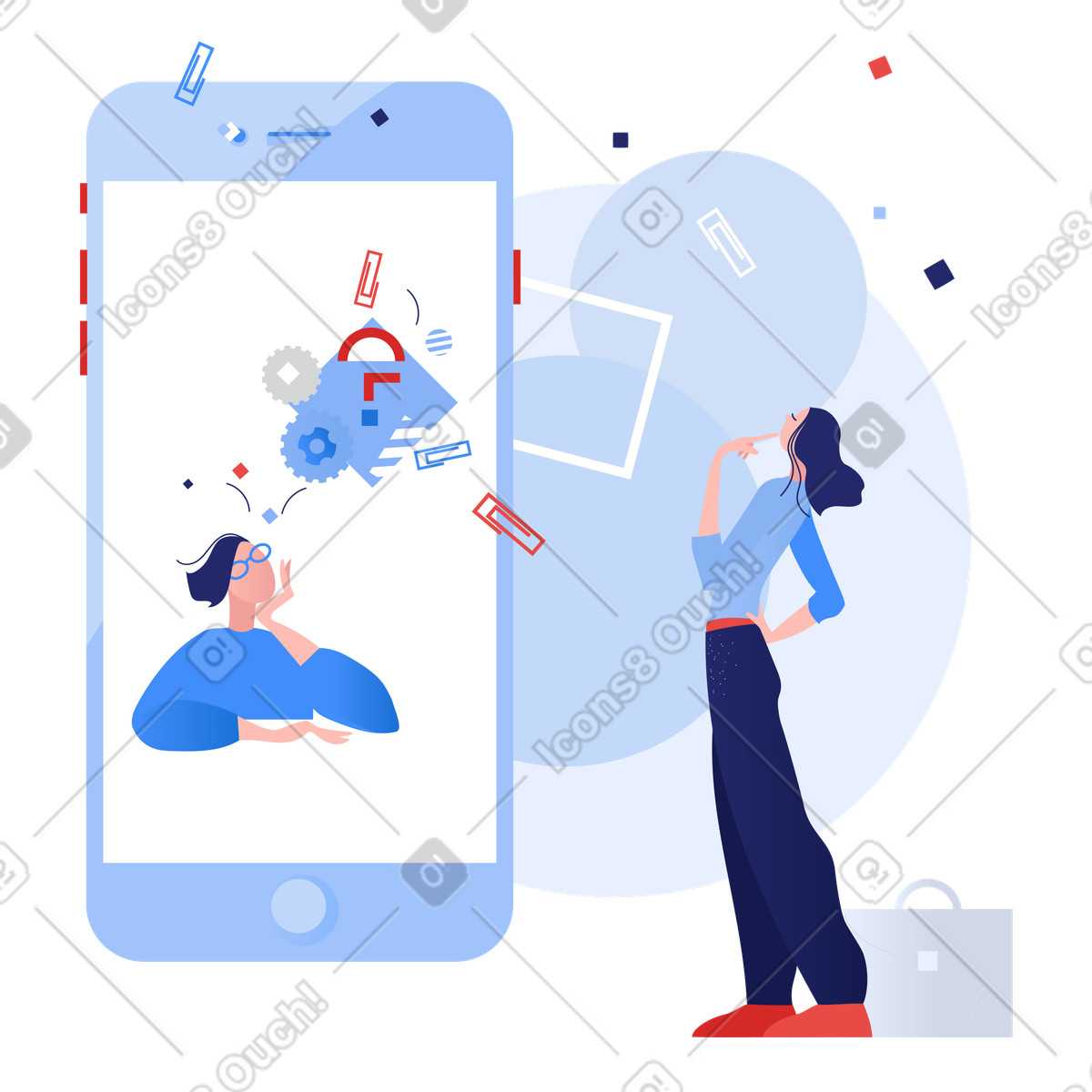 Illustration User interacting with support agent using smartphone, Remote helpdesk or customer service dans le style Clip à télécharger aux formats PNG, SVG
