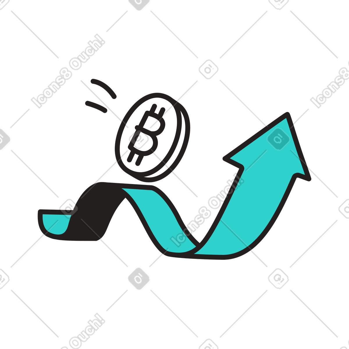 Bitcoin coin with upward arrow, Cryptocurrency price increase concept illustration in PNG, SVG