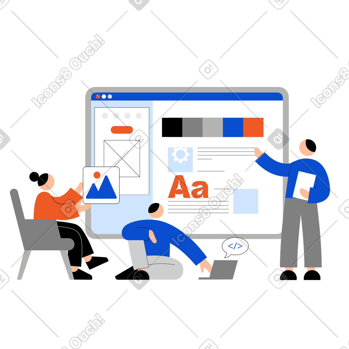 Web design team at work animated illustration in Tiny style download in GIF, Lottie (JSON), AE