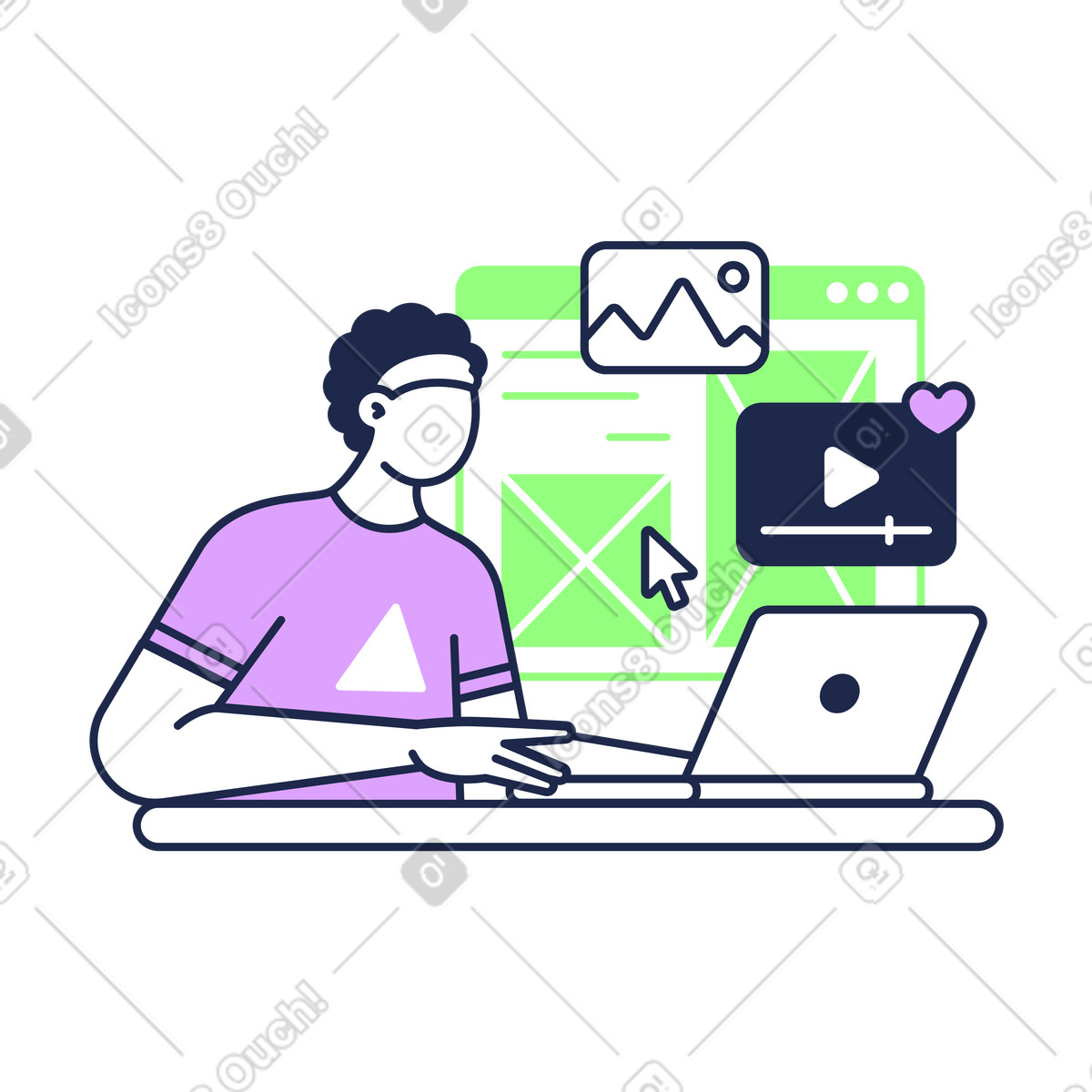 Иллюстрация Designer at laptop building landing page, Website prototyping and development в стиле Outline — скачать в форматах PNG, SVG