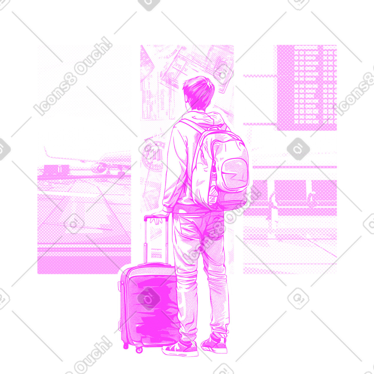 Young man waiting for his plane illustration airport clipart image in PNG SVG GIF