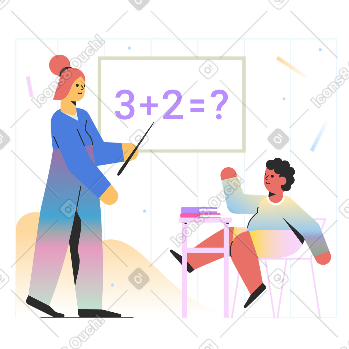 Teacher is pointing at blackboard illustration with pupil raising hand clipart PNG graphics