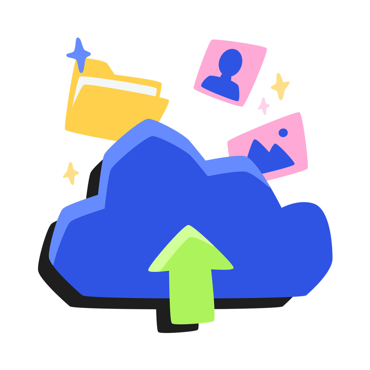 Illustration Uploading files and folders to cloud storage, Remote document backup dans le style Bouncy à télécharger aux formats PNG, SVG