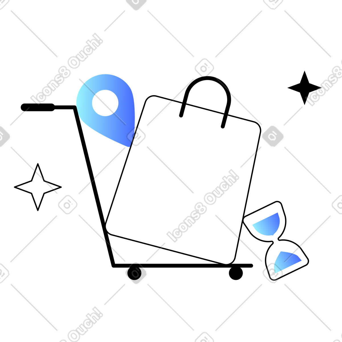 Trolley with shopping bag, location pin, and hourglass, E-commerce shipping logistics illustration in Azure style download in PNG, SVG