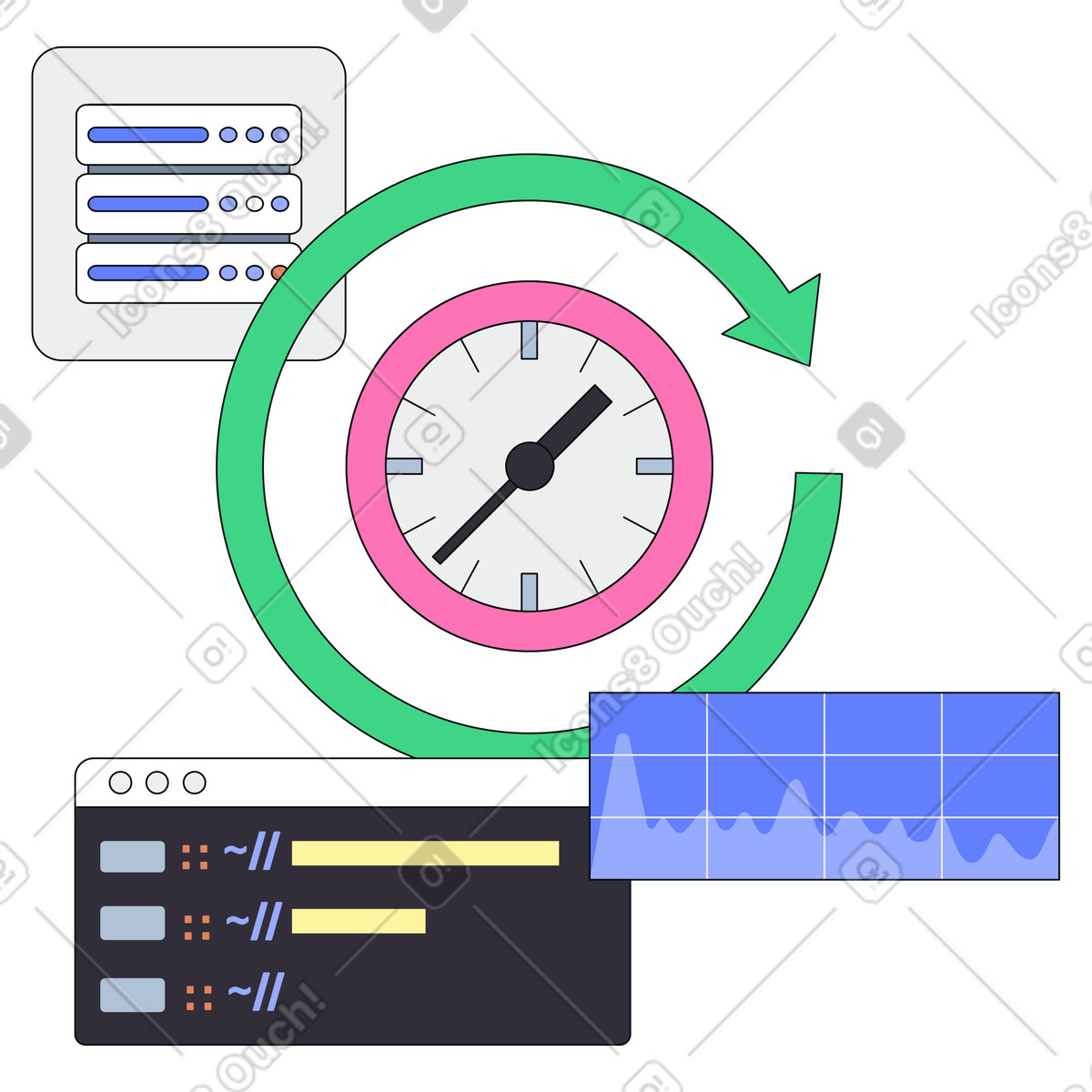 Server panel and code window with sync symbol, Live data synchronization workflow illustration in Teko style download in PNG, SVG