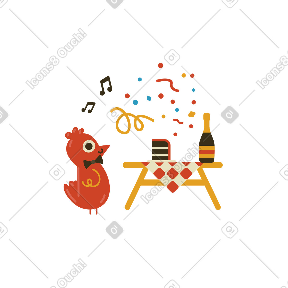 Geburtstagsparty mit sektflasche und tortenstück-Illustration im Arabica-Stil als Download in PNG, SVG