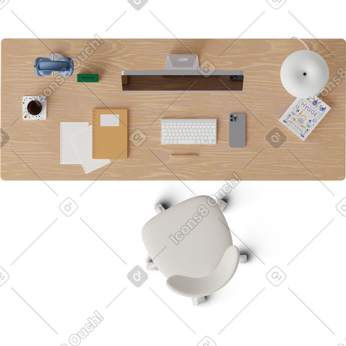 Top view of office desk illustration in 3D Hygge style download in PNG, SVG