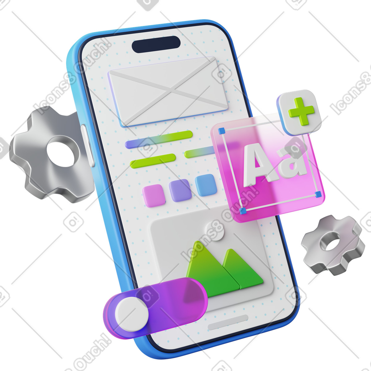 UI app design screen on smartphone with color buttons and sliders-Illustration im 3D Playful-Stil als Download in PNG, SVG