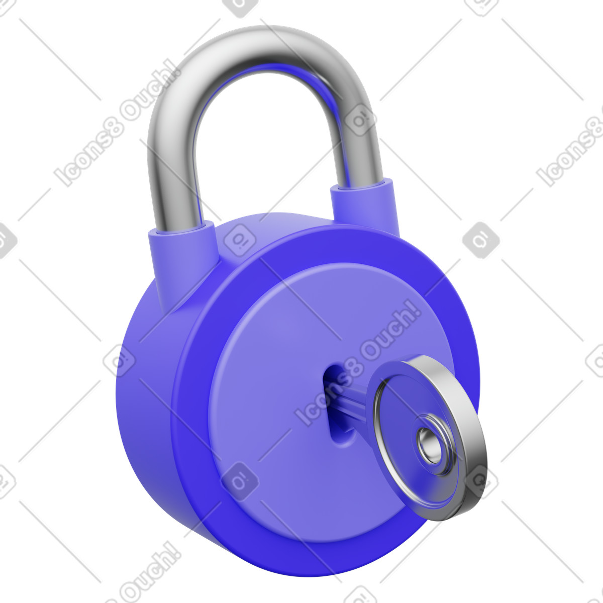 Padlock with inserted key, encryption key access and secure login illustration in 3D Playful style download in PNG, SVG