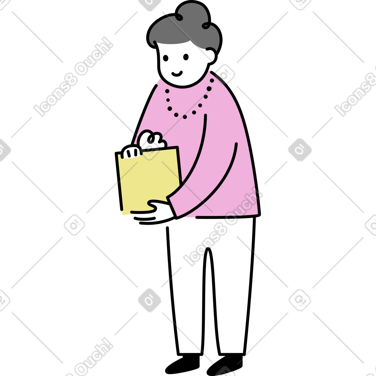 Illustration Vieille dame avec un cadeau dans le style Mochi à télécharger aux formats PNG, SVG