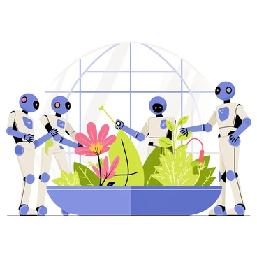 A group of four robots is tending to an indoor garden filled with a variety of high-tech plants. The robots have sleek metallic bodies with bright blue LED lights and articulated limbs. They are positioned around a circular garden bed, which is designed with a transparent dome. The plants inside the garden exhibit vibrant colors, with glowing leaves and flowers. One robot is using a small tool to prune a plant, while another is watering a large, bioluminescent flower. The background features large windows letting in soft light, illuminating the high-tech features of the garden.