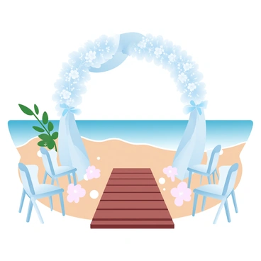 A beachside wedding ceremony is taking place with a decorated arch made of white flowers and flowing fabric. A wooden aisle is set up in the sand, leading to the arch. The ocean is visible in the background, with waves gently lapping the shore. Small white chairs are arranged on either side of the aisle, adorned with delicate ribbons. Soft pastel colors are present in the decorations, creating a romantic atmosphere. A few palm trees are swaying gently in the breeze nearby.