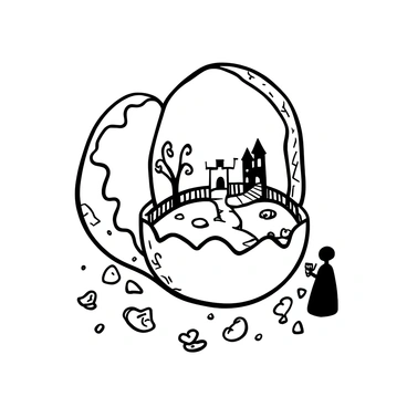 An Easter egg cracked open, with delicate shards scattered around. Inside the egg, there is a miniature fairytale scene featuring a tiny castle with turrets and a small drawbridge. There are tiny trees with swirling branches, and a pathway lined with small stones leading to the castle. A small pond reflects the image of the castle, with lily pads floating on the surface. A tiny figure, dressed in a flowing gown, stands beside the pond holding a small lantern. The interior of the egg has intricate patterns etched along its edges, enhancing the magical atmosphere.