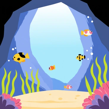 An underwater cave with rocky walls and a sandy floor. The cave is filled with a variety of colorful fish species, including yellow tangs and clownfish, swimming among swaying green seaweed. Sunlight filters through the water above, creating a shimmering effect on the cave walls. Small bubbles rise from the fish, adding an extra touch of life to the scene. A few coral formations are visible in the background, enhancing the vibrant underwater habitat.