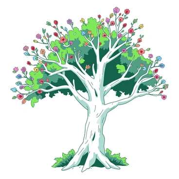 A white mystical tree with a thick trunk and sprawling branches is filled with colorful budding flowers and vibrant green leaves. The flowers bloom in various shades, creating a striking contrast against the white bark of the tree. The leaves are lush and plentiful, adding richness to the scene. The tree stands tall, with its branches extending outward, showcasing the beauty of nature in a harmonious arrangement.