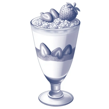 A clear glass cup filled with a layered parfait. The bottom layer consists of creamy yogurt, followed by a thick layer of granola sprinkled generously on top. Above the granola, there are vibrant strawberry slices arranged evenly. The top layer features more yogurt, invitingly smooth and creamy. The parfait is garnished with a few whole strawberries placed artfully on top. The glass showcases the distinct layers of yogurt, granola, and strawberries, creating an appealing visual composition.