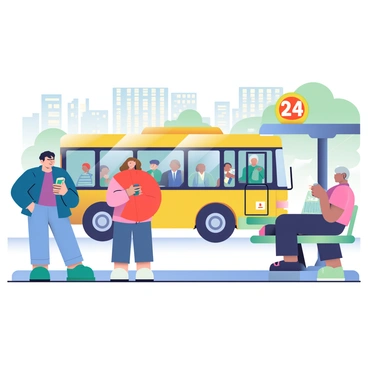 A busy city bus stop is filled with a variety of people waiting for their bus. There is a man with short black hair wearing a blue jacket and jeans, checking his watch. Next to him, a woman with long brown hair is holding a bright red umbrella while looking at her phone. An elderly man with gray hair is seated on a bench, reading a newspaper. In the background, a city bus with a bright yellow body and the number 24 clearly displayed on its front is approaching the stop. The bus has its doors open, and you can see a few passengers inside. The street is lined with tall buildings and some trees peeking through, creating a lively urban atmosphere.