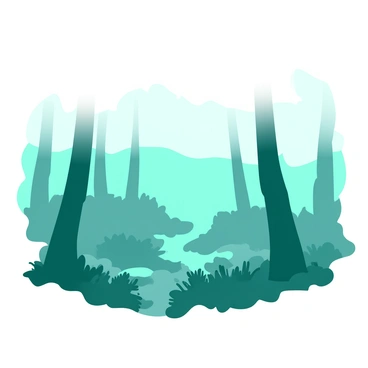 A teal forest is shrouded in a thick white fog, creating an atmosphere of mystery. The silhouettes of tall trees emerge faintly through the mist, their trunks appearing dark and elongated. The ground is covered in a layer of soft, damp foliage that is barely visible. The scene is tranquil, with a sense of quiet solitude enveloping the forest.