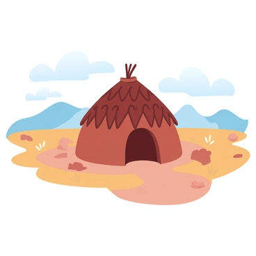 A traditional Sahelian hut made of clay stands in the foreground. The hut features a conical thatched roof, intricately woven and featuring varying shades of brown. Surrounding the hut is a landscape of dry, golden grass, with a few scattered rocks. In the background, there are gentle rolling hills under a clear blue sky with soft pastel cotton-like clouds. A small path leads up to the hut, giving a sense of approachability to the scene.