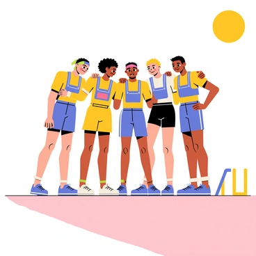 A group of five sprinters huddling together on a bright track field, wearing vibrant team uniforms in shades of blue and yellow. They are standing in a tight circle, arms around each other's shoulders, with determined expressions on their faces. The sun is shining brightly above, casting clear shadows on the ground. In the background, starting blocks are positioned along the track, indicating that a race is about to begin. One sprinter has a colorful headband, while another is tying their shoelaces, emphasizing their readiness and focus. "Team spirit" is depicted in their expressions and body language.