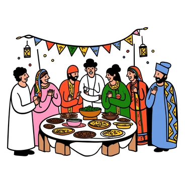 A group of people wearing traditional Jordanian garments gathered in a festive setting. The men are dressed in white thobes, with some wearing black and red keffiyehs on their heads. The women are adorned in colorful embroidered dresses, showcasing intricate patterns and designs. They are smiling and engaging in conversation, surrounded by vibrant decorations such as banners and lanterns. In the background, there are tables filled with traditional Jordanian dishes, inviting a sense of celebration and community.