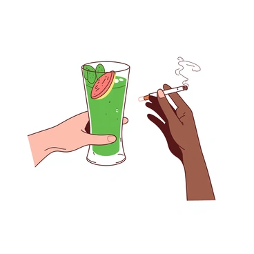 Two hands are positioned close together against a neutral background. One hand, with slender fingers, is holding a tall glass filled with a vibrant green healthy smoothie topped with a slice of fruit. The other hand, slightly larger, is holding a lit cigarette, with a faint wisp of smoke curling upwards. The contrast between the healthy beverage and the cigarette creates a striking visual tension.