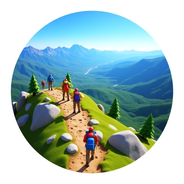 A group of hikers ascending a rugged mountain trail. The hikers are wearing colorful outdoor gear and carrying backpacks. The trail is surrounded by lush greenery and rocky outcroppings. Below them, a panoramic view showcases sprawling valleys and distant peaks under a clear blue sky. The sunlight casts vibrant highlights on the landscape, creating a vivid contrast between the path and the surrounding nature.