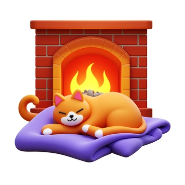 A cat with soft fur in a relaxed position, curled up next to a warm fireplace. The fireplace is filled with glowing embers and flickering flames, providing a cozy atmosphere. The cat's eyes are closed, its body gently rising and falling with each breath. A few plush blankets are spread around, enhancing the warmth of the scene. The room is softly illuminated by the firelight, casting gentle shadows on the walls.