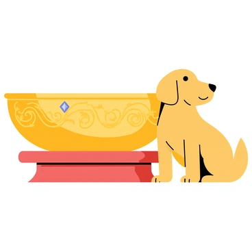 A luxurious dog bowl made of polished gold metal. The bowl features an intricate engraved design that includes floral patterns and elegant swirls around the surface. The bowl is set on a rich mahogany wood platform, enhancing its opulence. A small diamond stud is embedded on one side of the bowl, adding a touch of sparkle. A cute golden retriever sits beside the bowl, looking up with anticipation.