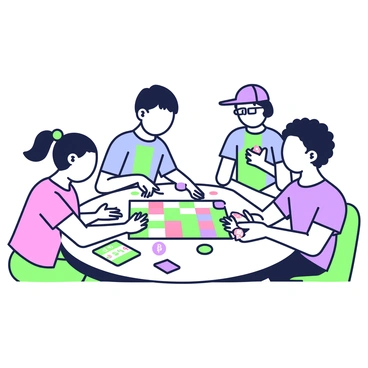 A group of four children is seated around a colorful board game on a round table. One child, a girl with pigtails wearing a pink t-shirt, is rolling a die. Across from her, a boy with curly hair in a blue shirt is eagerly watching. Next to him, another girl with glasses is placing a game piece on the board, while a boy with a cap is counting his points on a score sheet. The board game features various paths and colorful spaces, clearly showcasing the concept of fairness as each child patiently awaits their turn. The atmosphere is lively and focused, with game pieces and cards scattered around the table.