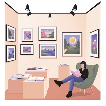 A digital flat illustration depicting an art gallery interior. The walls are adorned with multiple framed book cover illustrations, each frame in a sleek black color. The illustrations feature a variety of styles, including fantastical landscapes, character portraits, and abstract designs. Below the frames, there are minimalist display pedestals with a few open books resting on them. The floor is polished wood, and the ceiling has elegant track lighting illuminating the artwork. In one corner, there is a comfortable chair where an individual can be seen reading a book.