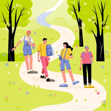 A group of participants walking along a winding path in a vibrant green forest. The scene includes tall trees with thick foliage, casting dappled sunlight onto the ground. Each participant is dressed in comfortable outdoor clothing, carrying small backpacks. The path is lined with colorful wildflowers, adding pops of color to the lush surroundings. Some participants are smiling and chatting while others take in the beauty of their environment. In the background, a gentle stream can be seen flowing through the trees.