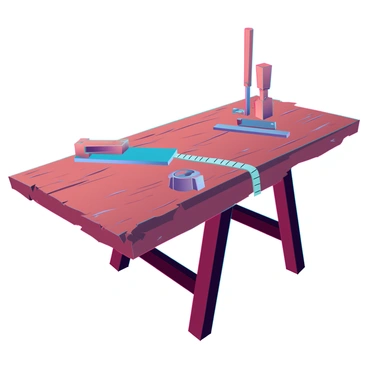 A rustic wooden workbench with sawdust and classic woodworking tools