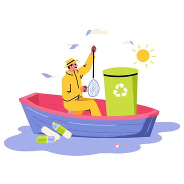 A fisherman in a small wooden boat is actively collecting trash from the water. The boat is painted in bright colors, with a blue hull and a red interior. Onboard, there is a large green recycling bin labeled with the recycling symbol. The fisherman is wearing a yellow raincoat and a wide-brimmed hat, using a net to gather plastic bottles and other debris floating nearby. Sunlight glimmers on the water, and a few seagulls can be seen flying overhead, adding to the lively scene.