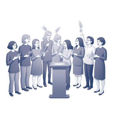 A group of people stands together, singing harmoniously. Each member of the choir holds a palm leaf in their hand, raised slightly as they sing. Their expressions reflect devotion and joy. They are dressed in formal attire, and the setting is adorned with simple decorations that enhance the solemnity of the occasion. The arrangement of the choir is semi-circular, creating a sense of unity as they focus on the front, where a podium is placed, possibly with a speaker or a focal point for the service. The atmosphere conveys a sense of celebration and reverence.