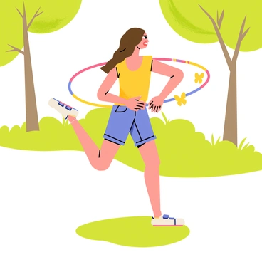 A person with long brown hair is practicing hip circles with a colorful hula hoop in a sunny park. The individual is wearing a bright yellow tank top and blue shorts. The park features green grass and several trees in the background, providing shade. Sunlight casts soft shadows on the ground, highlighting the movement of the hula hoop around the person's waist. There are a few butterflies fluttering nearby, adding to the lively atmosphere of the scene.