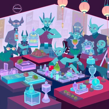 A bustling market filled with goblins of various sizes and colors engaging in trade. Stalls are overflowing with exotic and unusual items such as vibrant potions, intricate trinkets, and strange fruits. Some goblins are haggling over the price of a shimmering, multi-colored gemstone, while others examine an ornate, ancient-looking artifact. The atmosphere is lively, with goblins displaying their goods and peering curiously at passersby. Lanterns hanging from the stalls cast a warm glow over the scene, enhancing the vibrant colors of the market. In the background, a group of goblins is enthusiastically discussing the latest rarity they've acquired.