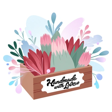 A wooden box is filled with a variety of dried protea flowers, showcasing their unique shapes and textures. The protea flowers are arranged beautifully, with soft pinks, deep reds, and muted greens creating a harmonious color palette. Surrounding the box are scattered dried leaves and slender twigs, adding depth to the composition. In the background, a softly textured fabric drapes gently, enhancing the natural aesthetic of the handmade craft project. A label on the box reads "Handmade with Love" in elegant script.