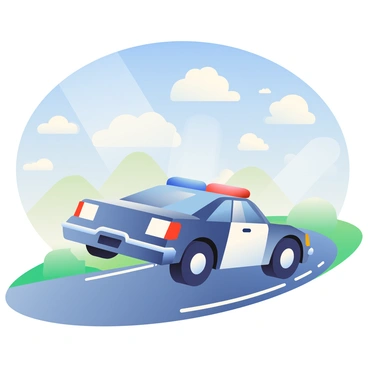 A 3D police car with a glossy finish and blue and red light bars is driving on a winding road. The car is depicted in motion, with its wheels slightly lifted off the ground, creating a dynamic effect. Above the car, there is a vast open sky filled with fluffy white clouds that vary in shape and size. The sunlight is shining down, casting soft shadows on the ground. In the background, patches of green grass and distant hills are visible.