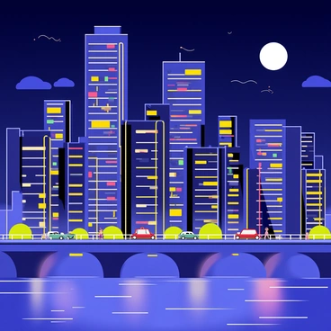 A cityscape at night featuring tall skyscrapers with brightly lit windows. The buildings are adorned with colorful neon lights in various shapes and designs. Below, a river flows calmly, reflecting the vibrant colors of the lights above. The nighttime sky is deep blue with a few scattered clouds, and the moon casts a gentle glow over the scene. A bridge crosses over the river, with cars and pedestrians adding life to the urban setting.