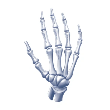 A detailed illustration of a human hand skeleton with labeled bones