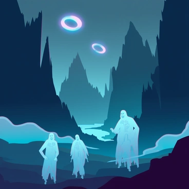 A dark and foreboding shadow realm filled with swirling mist and ethereal landscapes. Ghostly figures with translucent bodies float throughout the scene, their forms indistinct and haunting. The ground is shrouded in a thick fog, obscuring the terrain beneath. Jagged cliffs loom in the distance, silhouetted against a dimly lit sky. Eerie, glowing orbs hover in the air, casting an otherworldly light on the surrounding landscape. The atmosphere is thick with an unsettling stillness, creating a sense of mystery and intrigue.