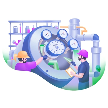 A large industrial machine in a factory setting with multiple pressure gauges prominently displayed on its control panel. The machine is surrounded by various pipes and valves, indicating its complex operation. Several workers are present, wearing safety helmets and gloves, as they attentively monitor the machine's operations. The workers are engaged in conversation, pointing at the gauges, and taking notes on notepads. The background features shelves with tools and spare parts, contributing to the bustling factory atmosphere.