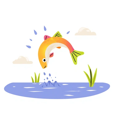 A rainbow trout leaping from clear blue water, droplets of water splashing around it. The fish displays vibrant colors, with its shimmering scales reflecting the sunlight, creating a sparkling effect. The background features gentle ripples on the surface of the water, and a few green reeds are visible along the water's edge. The sky above is clear and bright, adding to the lively atmosphere of the scene.