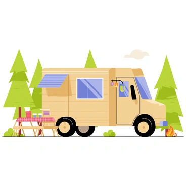 A large truck converted into a camper with a wooden exterior and a retractable awning is parked at a forest campsite. The truck has a large rear window and a set of stairs leading up to the entrance. Tall green trees surround the campsite, with a few scattered rocks and a small campfire pit nearby. A picnic table with a red-checkered tablecloth is positioned next to the truck. There are two camping chairs set up beside the table, and a colorful lantern is hanging from the awning. A clear blue sky is visible above the treetops.