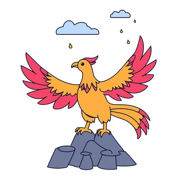 A phoenix with vibrant orange and red feathers is rising from a pile of gray ashes. The wings of the phoenix are spread wide, showcasing intricate patterns of gold accents. The bird's sharp, bright eyes convey strength and determination. Above the phoenix, the sky transitions from dark gray to a warm light blue, symbolizing hope and new beginnings. A few scattered embers float upward, adding to the dynamic scene of transformation and renewal.